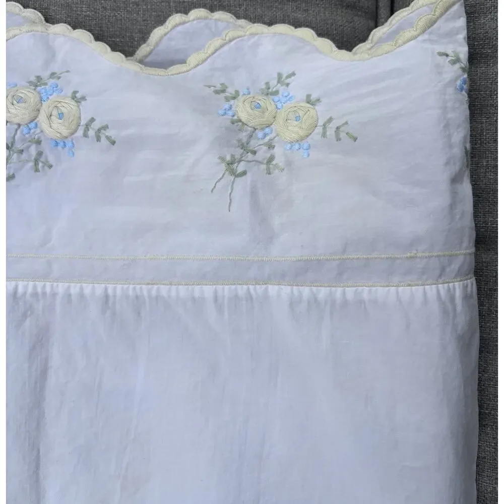 Vintage Hand Embroidered White Yellow Cotton Pillow Cover 31x22